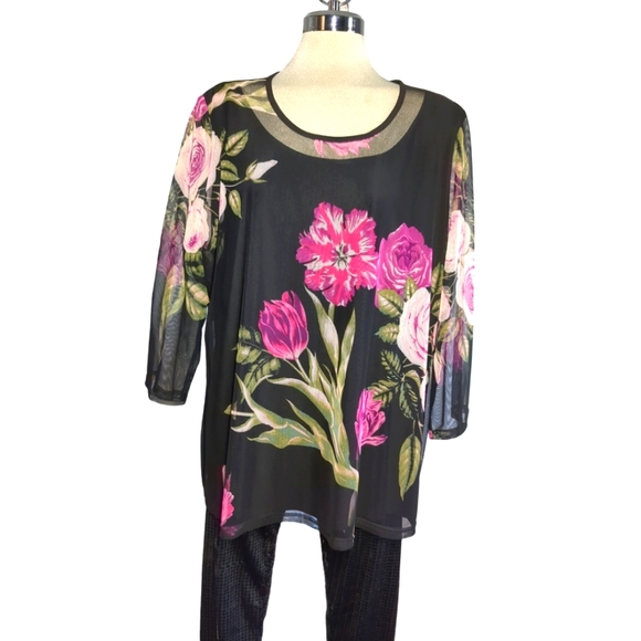 VICTORIA COLLECTION Black Mesh And Pink Floral Elegant Blouse Size Plus XXL - Picture 11 of 13